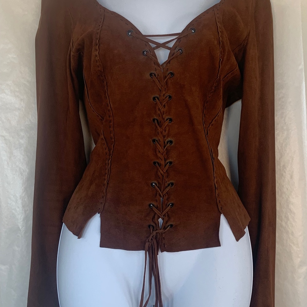 Easton Pearson suede princess sleeve laced front deep v neck corset top